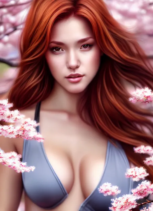 Prompt: photo of a gorgeous female with auburn hair in the style of stefan kostic, realistic, body shot, sharp focus, 8 k high definition, insanely detailed, intricate, elegant, art by stanley lau and artgerm, cherry blossoms background