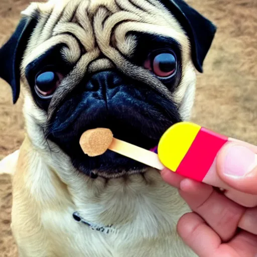 Prompt: a pug eating a popsicle