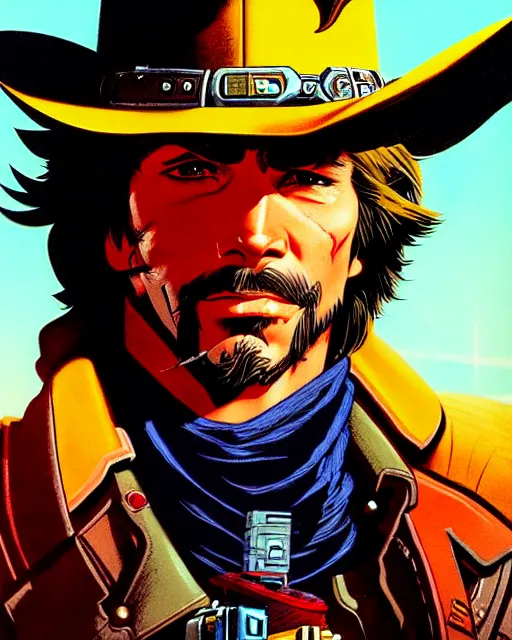 Prompt: mccree from overwatch, cyber cowboy, character portrait, portrait, close up, concept art, intricate details, highly detailed, vintage sci - fi poster, retro future, vintage sci - fi art, in the style of chris foss, rodger dean, moebius, michael whelan, and gustave dore