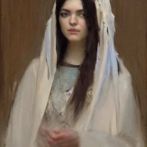 Image similar to Richard Schmid and Jeremy Lipking portrait painting of a young beautiful woman priestess in elaborate costume