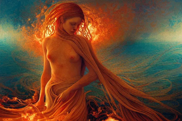 Prompt: ocean of canvas catching fire, emotional, intricate, ornate, art nouveau, inspired by reylia slaby, peter gric, volumetric lighting, more more more ore more