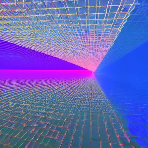 Prompt: An infinite ocean of light made up of grids of particles and waves, by beeple, hall of mirrors