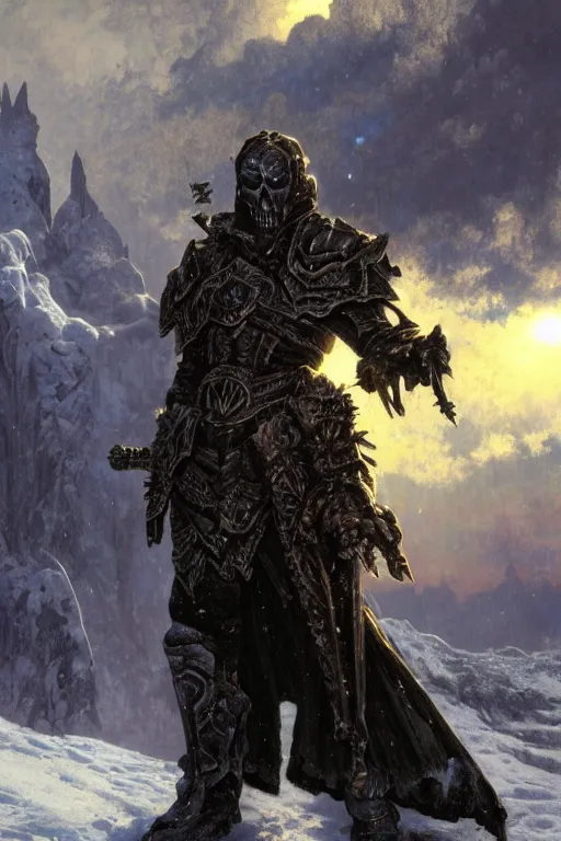 Prompt: a death knight in an icy landscape standing in front of the setting sun, close-up, backlight, intricate, highly detailed, artstation, concept art, illustration, sharp focus, art by ralph horsley and alphonse mucha