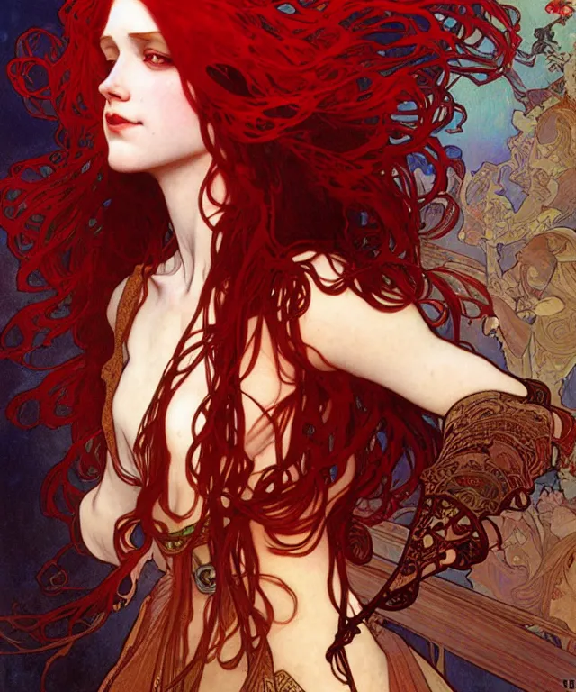 Image similar to a demonic princess with flowing red hair painting by alphonse mucha, greg ruthowski, detailed, henry ascensio, craig mullins, intricate and detailed