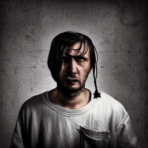 Image similar to sad prisoner using and ipad, prison cell, photorealistic, frustrated expression, dark, hopeless, gloomy