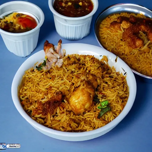 Image similar to A college student is eating chicken biryani in an Andhra mess, highly detailed, 4k