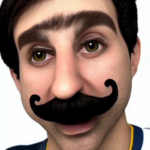 Image similar to photo of a dark haired man with long face, dark brown eyes and eyelashes, moustache, long nose, stubble wearing mario outfit