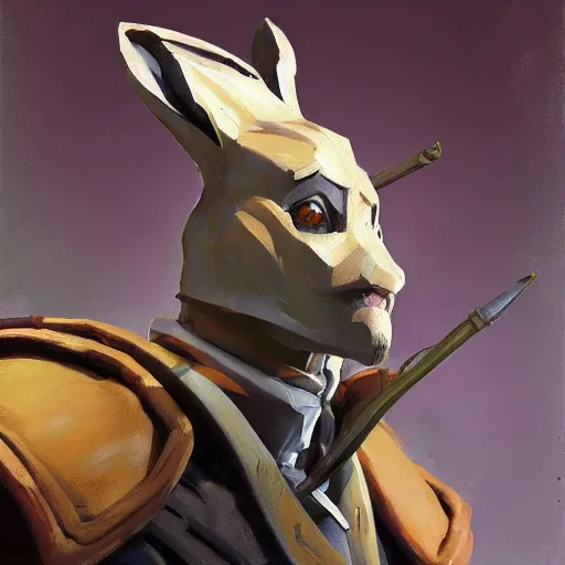 Image similar to greg manchess portrait painting of partially armored of the march hare from alice in wonderland as overwatch character, medium shot, asymmetrical, profile picture, organic painting, sunny day, matte painting, bold shapes, hard edges, street art, trending on artstation, by huang guangjian, gil elvgren, ruan jia, randy vargas, greg rutkowski