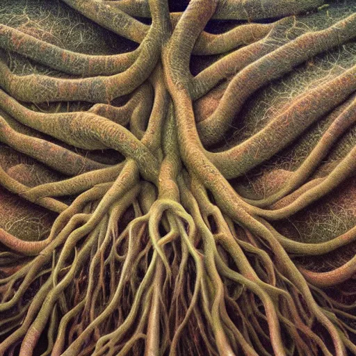 Prompt: a close up of a plant with roots, a photorealistic painting by mike winkelmann, featured on cgsociety, metaphysical painting, detailed painting, biomorphic, fractalism