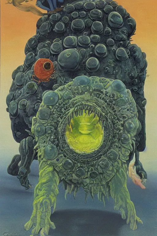 Image similar to a queen on top of a giant tardigrade retro japanese monster slimy leather, oil painting, 7 0 s vintage art, by georgia o keeffe, by gustave dore, by frank frazetta, nausicaa