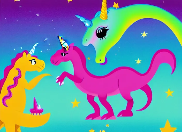 Image similar to T-rex and Unicorn relaxing, colorful,modern, disney poster, detailed,