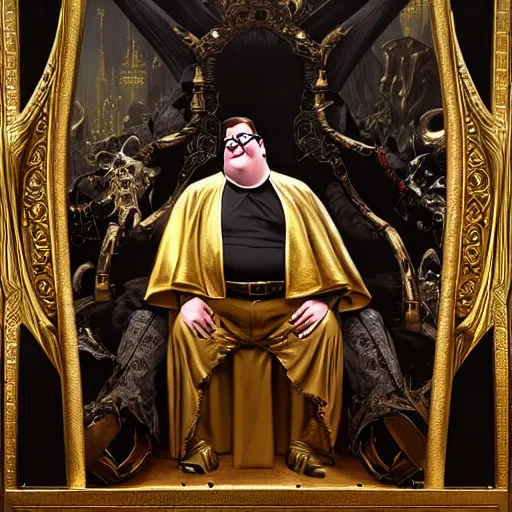 Image similar to perfectly centered portrait of peter griffin in gold gothic robe sitting on a throne of black bones, highly detailed painting by gaston bussiere, craig mullins, j. c. leyendecker, 8 k, mid shot