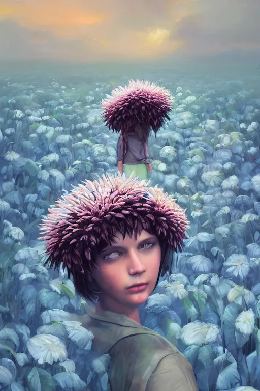 Prompt: closeup, giant daisy flowers around head, girl between monsteras, surreal photography, wind and cold, dramatic sky, impressionist painting, digital painting, artstation, simon stalenhag