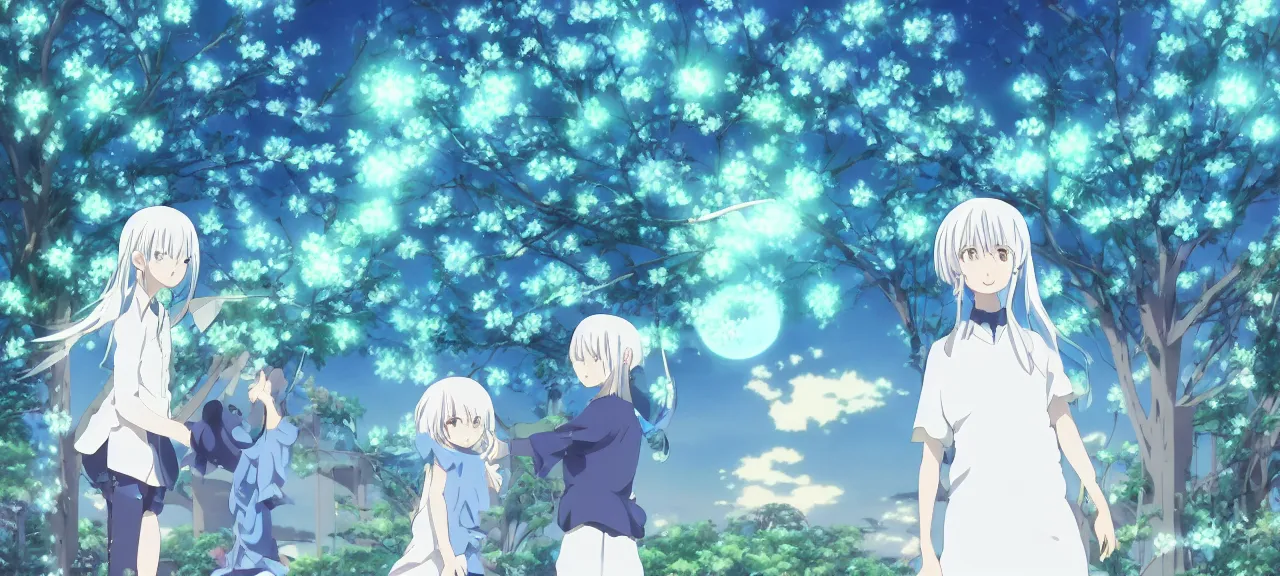 Image similar to Konpaku petting aqua ghost | ghibli clover | Big Moon at Blue Night | Trees with white flowers | bioluminescent blue FLOWERS | strong blue rimlit | visual-key | anime illustration | highly detailed High resolution | Light Novel | Visual Novel | In the style of Miyami-Zero, Yuuki Hagure