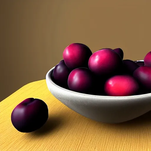 Prompt: a thick porcelain bowl filled with a few moist freshly picked plums on a wooden table. volumetric lighting. 4 k. small scale. realistic.