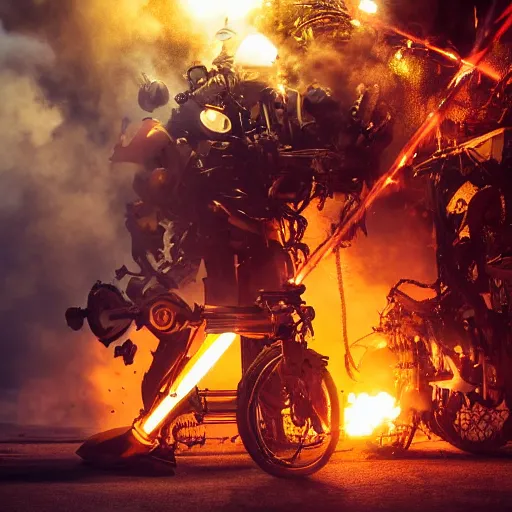 Image similar to bicycle mecha, dark messy smoke - filled cluttered workshop, dark, dramatic lighting, orange tint, sparks, cinematic, highly detailed, sci - fi, futuristic, movie still