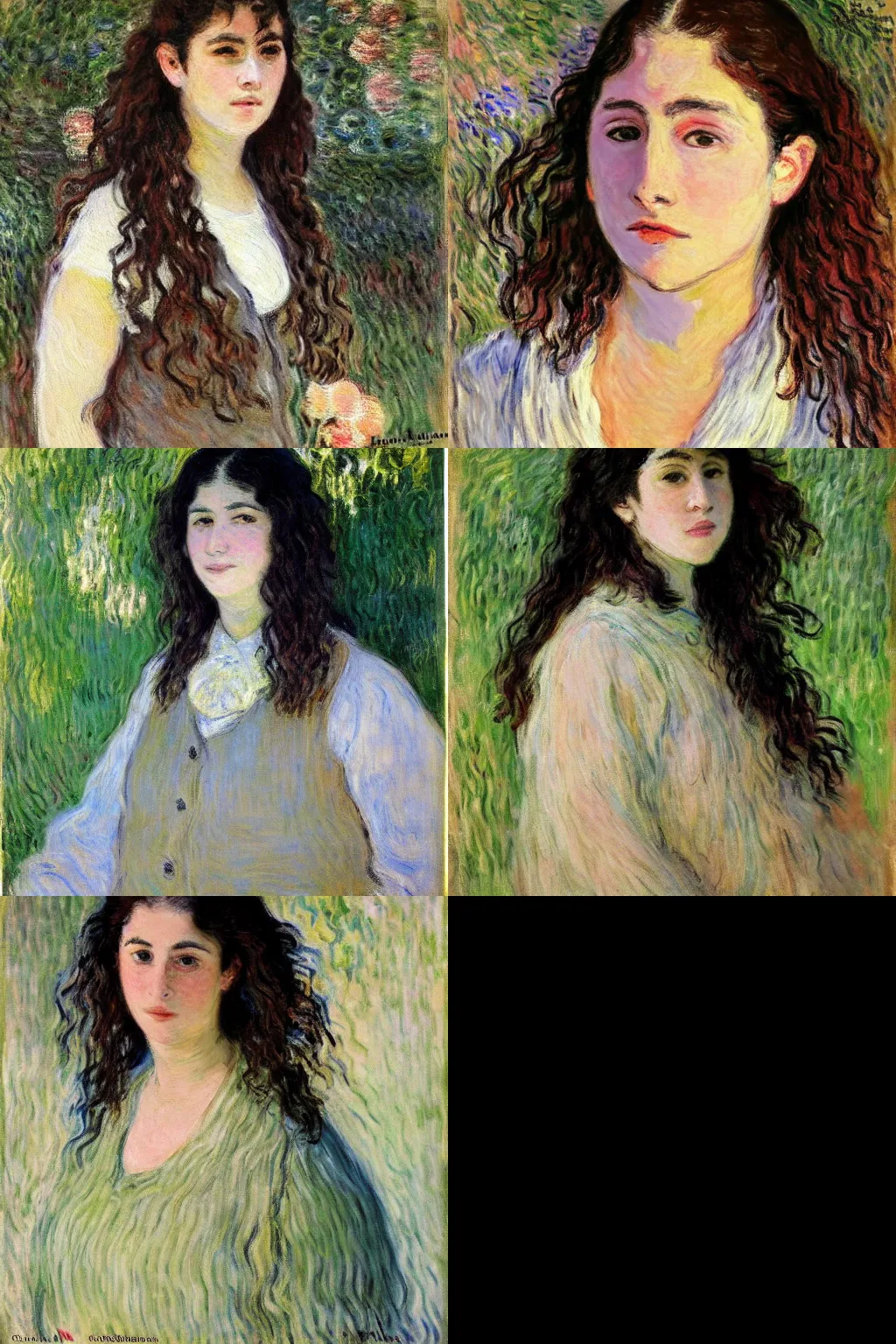 Prompt: an hd painting of a woman by claude monet. she has long straight dark brown hair, parted in the middle. she has large dark brown eyes, a small refined nose, and thin lips. she is wearing a t - shirt with the supreme brand logo lettering on it, a sleeveless white blouse, a pair of dark brown capris, and black loafers.