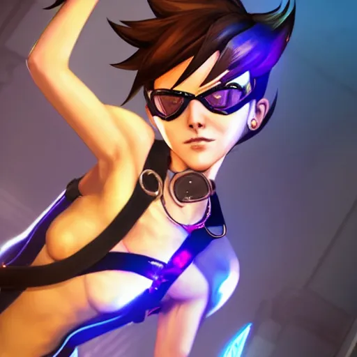 Image similar to full body digital artwork of tracer overwatch, wearing black iridescent rainbow latex tank top, 4 k, expressive happy smug expression, makeup, in style of mark arian, wearing detailed black leather collar, chains, black leather harness, leather cuffs around wrists, detailed face and eyes,