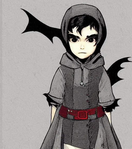 Image similar to attractive little boy character inspired in little red riding hood and batman, digital artwork made by akihiko yoshida and makoto shinkai, anatomically correct, symmetrical