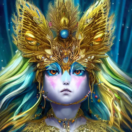 Prompt: portrait from an anime of an ethereal colorful blue gold starry fox peacock spirit character, giant golden fangs, wearing star filled magic imbued mage robes, wearing lots of gold jewelry and gems, set in observatory at night, art by yuji ikehata, background art by miyazaki, realism, detailed, proper human proportions, fully clothed