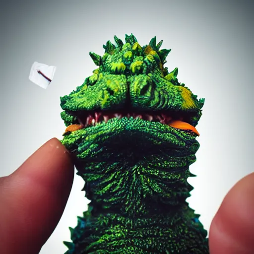 Prompt: anthropomorphic godzilla smoking a joint, 5 5 mm