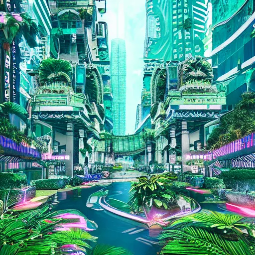 Image similar to vaporwave jungle city, digital art, cosmic, 3 d high definition, trending on art station, photorealistic, high resolution, v 8 k, octane, hyper detailed, insane details, intricate, elite, ornate, elegant trend, highly detailed and intricate, sharp focus, photography, unreal engine