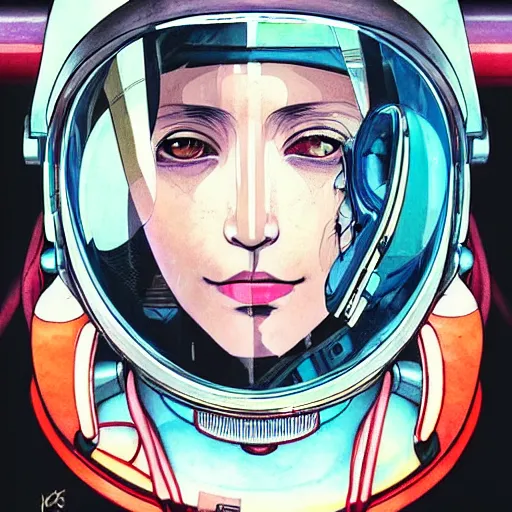 Prompt: realistic detailed cyberpunk close up portrait of a menacing girl with half human half robot skull, shiny space helmet by Anna and Elena Balbusso, Akira, Ghost in the Shell, studio Ghibli, anime Art Nouveau, rich deep vibrant colors, futuristic, sci-fi
