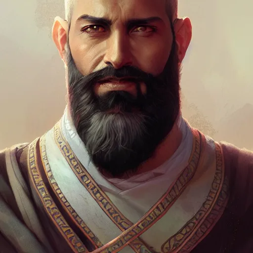 Image similar to bearded sultan, portrait, headshot, D&D, fantasy, highly detailed, digital painting, artstation, concept art, sharp focus, illustration, art by artgerm and greg rutkowski and alphonse mucha