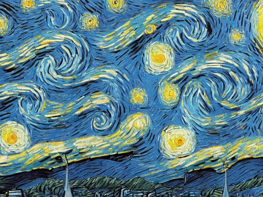 Prompt: painted upsidedown van gogh starry night