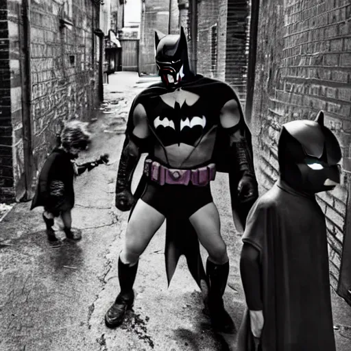 Image similar to batman beating up crying children in an alleyway caught on camera, photography, canon