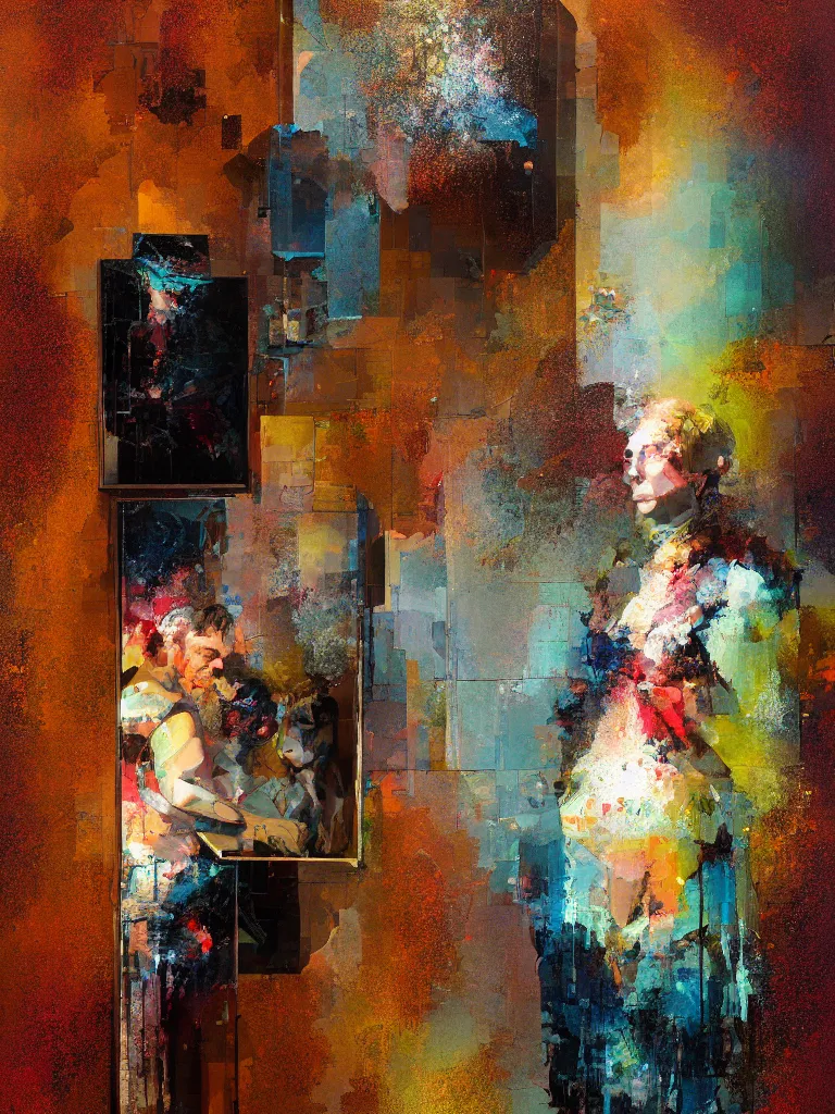 Prompt: a beautiful painting by nick runge of a couple in front of a mirror in a glitched bathroom, metal rust and plaster materials, pixel sorting, color bleeding, brushstrokes by jeremy mann