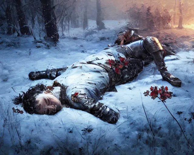 Image similar to Highly realistic oil painting of a wounded knight lying in the snow, surrounded by blue flowers, blood on flowers, by greg rutkowski, highly detailed, cinematic lighting, moody, dark