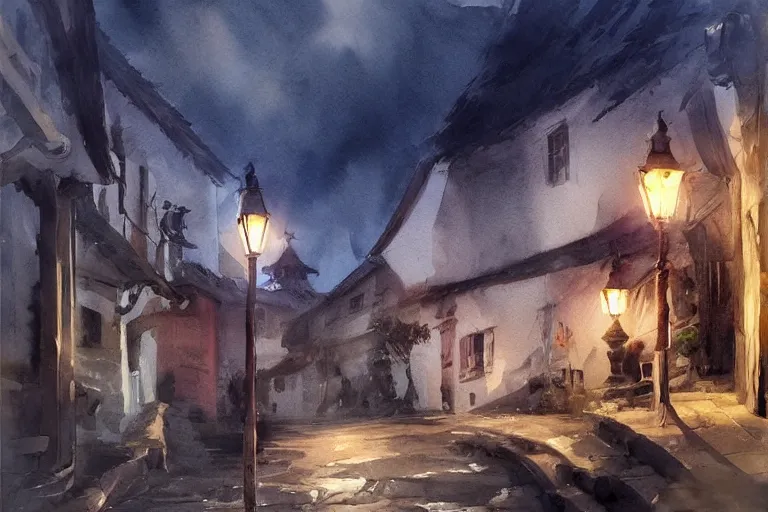 Image similar to paint brush strokes, abstract watercolor painting of rustic portuguese village at nightfall, lantern, ambient lighting, art by hans dahl, by jesper ejsing, art by anders zorn, wonderful masterpiece by greg rutkowski, cinematic light, american romanticism by greg manchess, creation by tyler edlin