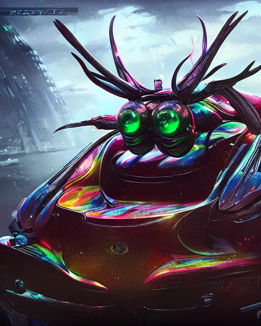 Image similar to detailed photo of rainbow stag beetle shaped alien vehicle, 8 k, by daniel mcgarry, xiaolong wang, trending on artstation, hyper detailed, beautiful lighting, epic environment