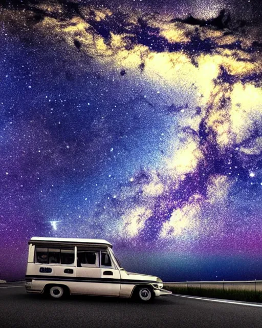 Image similar to there is a broken public car under the milky way, night scene, photography, fine details. night setting. trending on art station