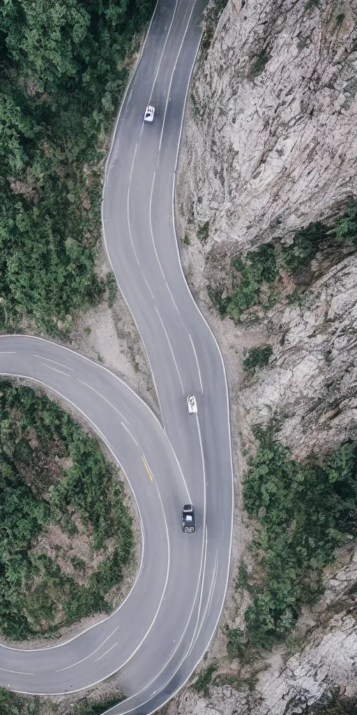 Image similar to detailed dji mavic flying over a mountain road with a super car on it, photo, kodak portra 4 0 0, direct flash, cinematic lightning, anti aliasing