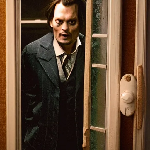 Image similar to Johnny Depp plays Jack Torrance in Shining, he is smashing through the door