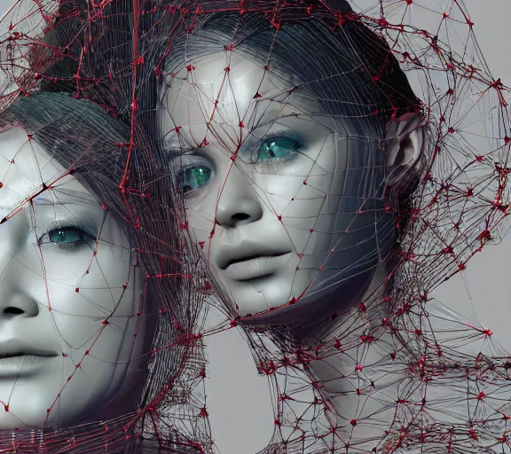 Prompt: a complex 3d render ultra detailed of two tulle wrapped perfect human face female half android queens praying together with wires tangled behind them connected to giant computer,bowknot, fine lace. GUCCI,sculpture,red rose, sparkling, jewel embellishment, cyberpunk 2077, film lighting, anatomical, facial muscles, cable wires, microchip, by Stanely Artgerm, Tom Bagshaw, Andrei Riabovitchev, aaron horkey, trending on pinterest,ZBrush, full of color, luxury, mythological, ultra realistic, high detail,concept art,golden ratio,cinematic lighting H 768