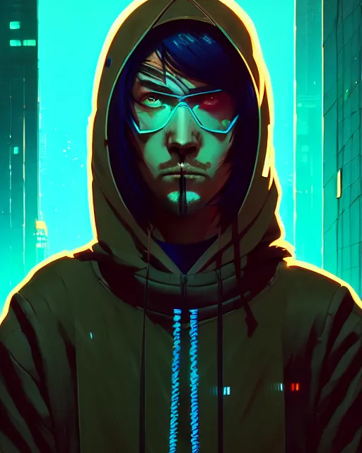 Prompt: cyberpunk synth, hyper - realistic portrait of a man in a hoodie, cyberpunk, anime style, by atey ghailan, by greg rutkowski, by greg tocchini, by james gilleard, by joe fenton, by kaethe butcher, dynamic lighting, gradient light blue, brown, cinematic lighting color scheme, sharp focus, grunge aesthetic