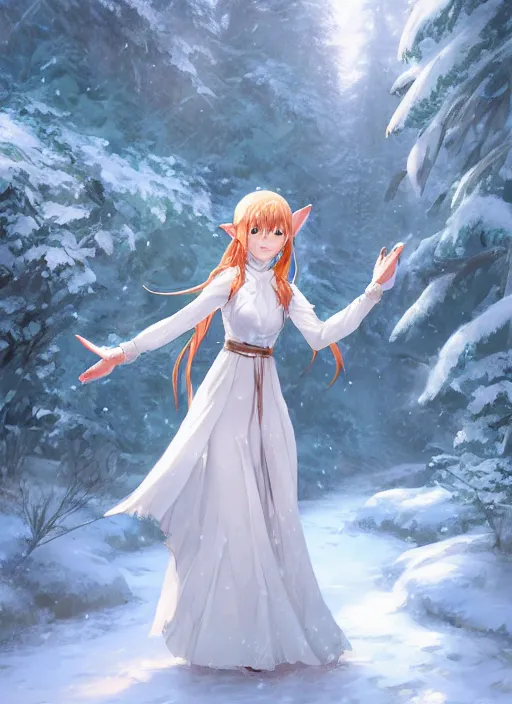 Prompt: an elven girl standing in a snowy forest, flowing white dress, auburn hair. By Makoto Shinkai, Stanley Artgerm Lau, WLOP, Rossdraws, James Jean, Andrei Riabovitchev, Marc Simonetti, krenz cushart, Sakimichan, trending on ArtStation, digital art.