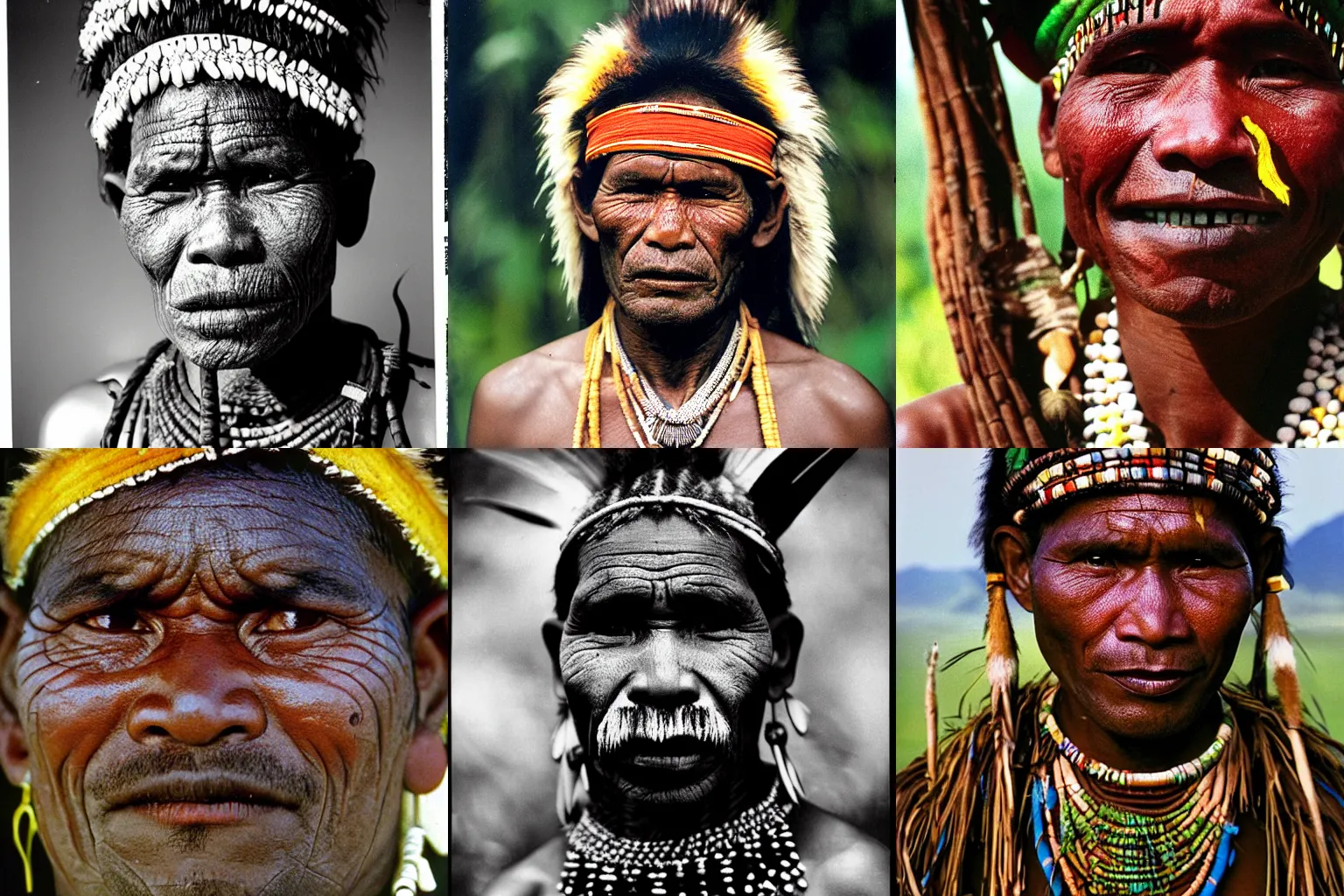 Prompt: portrait photo of the tribe leader from Amazon and Papua, magazine article by National Geographic (1998)