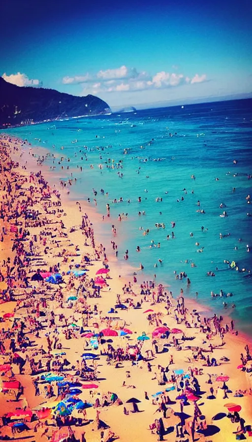 Image similar to instagram photo of a sunny day on copacabana beach looking at the ocean, hyper detailed, realistic