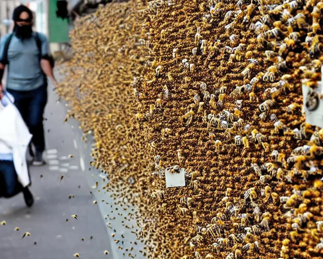 Image similar to swarm of bee's. infestation in the city. city dwellers run for their lives. terrorist attack.