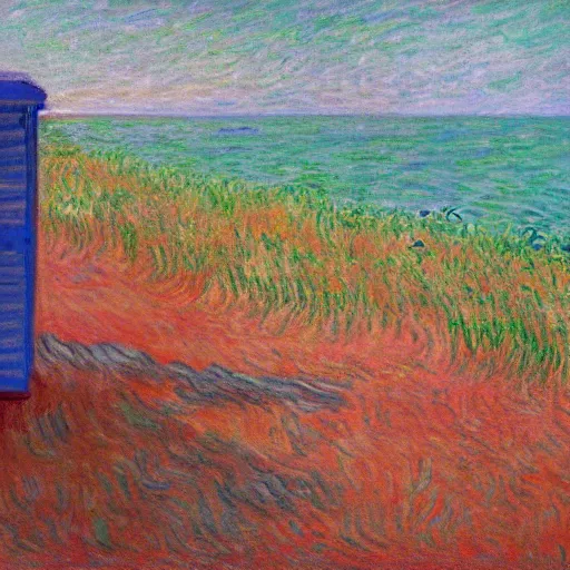 Image similar to painting of the last human on Earth standing watching the end of the world, in the style of Claude Monet and Vincent Van Gogh and Edward Hopper