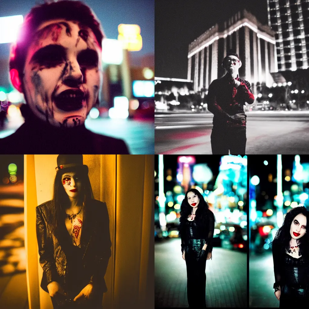 Prompt: portrait of a vampire in Las Vegas at night, blood,35mm f1.8, color, behance, trending on instagram