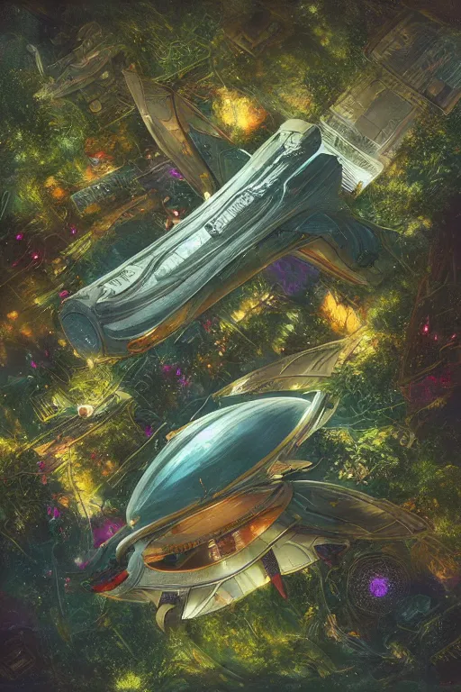 Image similar to aerial view of a multi level spaceship botanical garden in space, by artgerm, tom bagshaw, gerald brom, vaporwave colors, lo - fi colors, vaporwave, lo - fi, moody vibe, goth vibe, full body, rendered by substance designer, cel shading, toon shading, smooth,