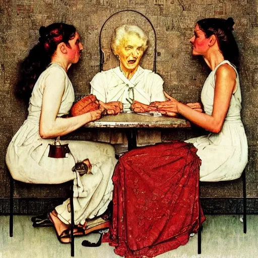 Image similar to The Three Fates weaving the lives of countless souls, artist is Norman Rockwell,