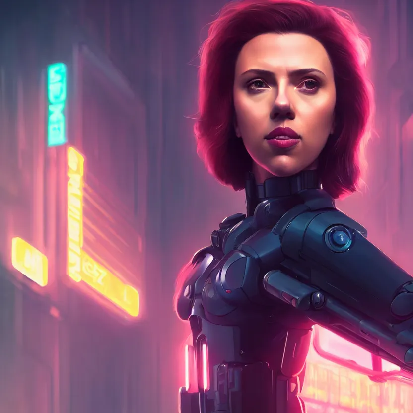 Image similar to 3 / 4 portrait, scarlett johansson as major mira killian from ghost in a shell, night, crop top, beautiful, in a modern city, neon signs, jewelry, artstation, william bouguereau, rossdraws, greg rutkowski, super detailed, realistic, octane render, volumetric, cinematic, 8 k