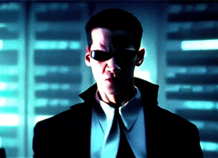 Prompt: Movie still of Neo in The Matrix movie doing a thumb up to the camera in front on burning servers.