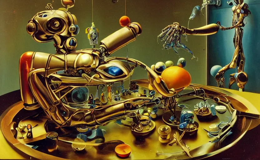 Prompt: strange futuristic robot body, disturbing colorful oil painting dutch golden age vanitas still life sparse composition with bizarre objects strange gooey transparent surfaces shiny metal reflections bizarre mutant meat insects rachel ruysch dali todd schorr very detailed perfect composition rule of thirds masterpiece canon 5 0 mm, cinematic lighting, photography, retro, film, kodachrome